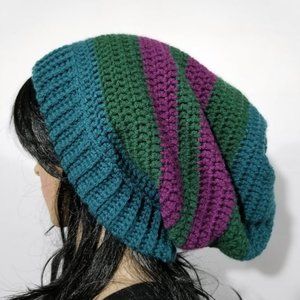Handmade Crochet Blue, Green, Purple Striped Soft Unisex Adult Slouchy Beanie